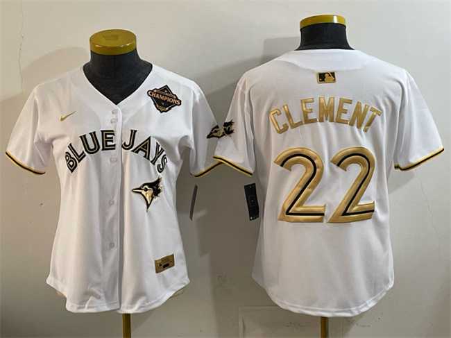 Women%27s Toronto Blue Jays #22 Ernie Clement White Gold 2025 American League Champions Limited Stitched Jersey Dzhi