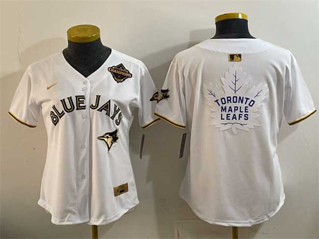 Women%27s Toronto Blue Jays & Leafs White Gold 2025 American League Champions With White Leafs Logo Limited Stitched Jersey Dzhi