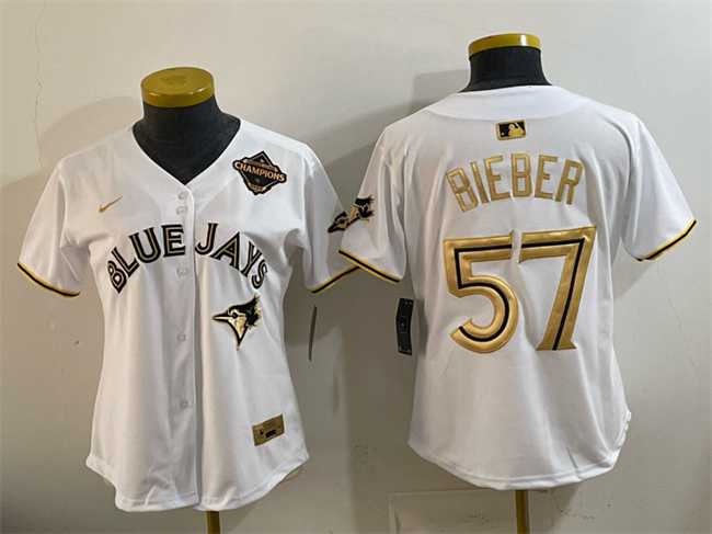 Women%27s Toronto Blue Jays #57 Shane Bieber White Gold 2025 American League Champions Limited Stitched Jersey Dzhi