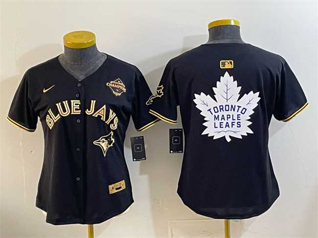 Women%27s Toronto Blue Jays & Leafs Black Gold 2025 American League Champions With White Leafs Logo Limited Stitched Jersey Dzhi