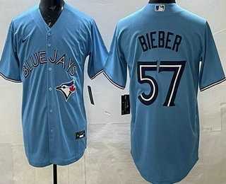 Men%27s Toronto Blue Jays #57 Shane Bieber Light Blue Cool Base Jersey