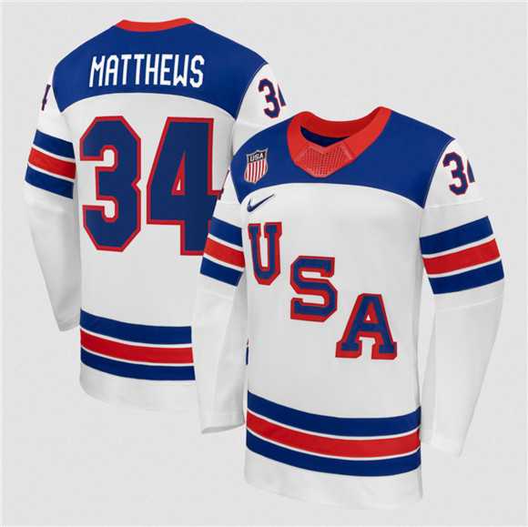 Men%27s USA #34 Auston Matthews White 2026 Stitched Jersey Dzhi