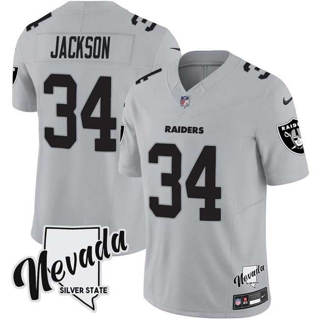 Men%27s Las Vegas Raiders #34 Bo Jackson Gray F.U.S.E. With Nevada Silver Stat Patch Vapor Limited Stitched Jersey Dzhi