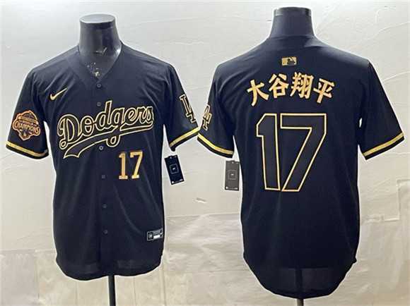 Men%27s Los Angeles Dodgers #17 Shohei Ohtani Black Gold 2025 Back to Back Champions Patch Limited Stitched Jersey Dzhi