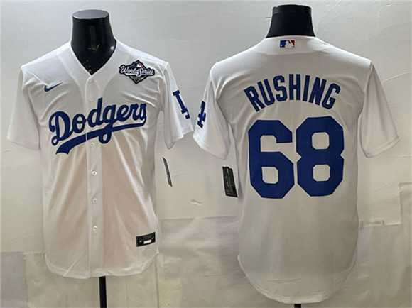 Men%27s Los Angeles Dodgers #68 Dalton Rushing White 2025 World Series Patch Cool Base Stitched Jersey Dzhi