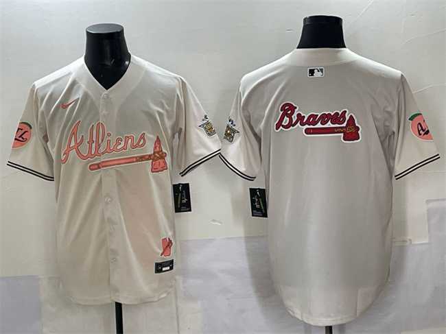 Men%27s Atlanta Braves Team Big Logo Cream 2024 Atliens & Peach With Outkast Patch Vapor Limited Stitched Jersey