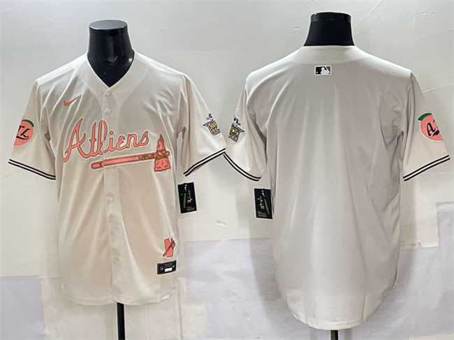 Men%27s Atlanta Braves Blank Cream 2024 Atliens & Peach With Outkast Patch Vapor Limited Stitched Jersey