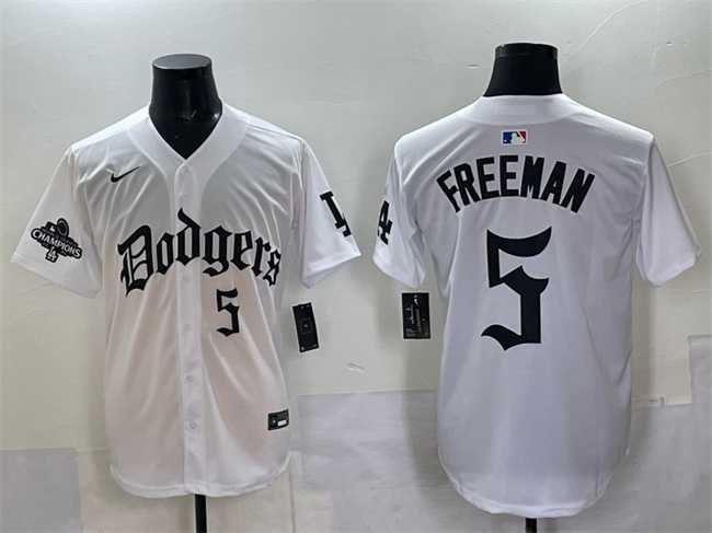 Men%27s Los Angeles Dodgers #5 Freddie Freeman White 2025 LA Gothic Style With 2024 World Series Champions Patch Vapor Premier Limited Stitched Jersey