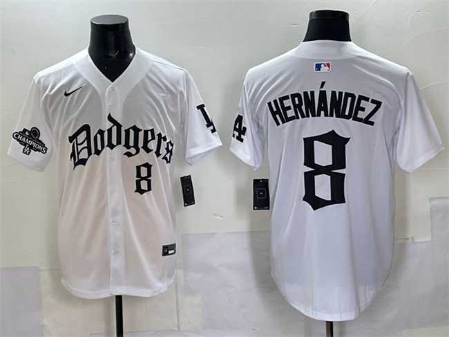 Men%27s Los Angeles Dodgers #8 Enrique Hernandez White 2025 LA Gothic Style With 2024 World Series Champions Patch Vapor Premier Limited Stitched Jersey