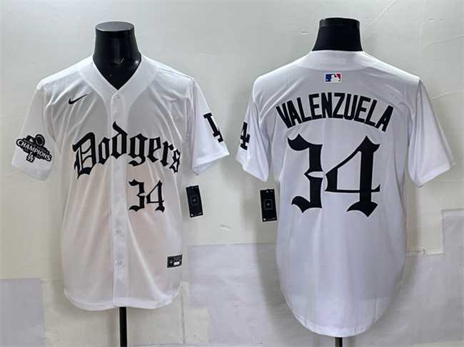 Men%27s Los Angeles Dodgers #34 Fernando Valenzuela White 2025 LA Gothic Style With 2024 World Series Champions Patch Vapor Premier Limited Stitched Jersey