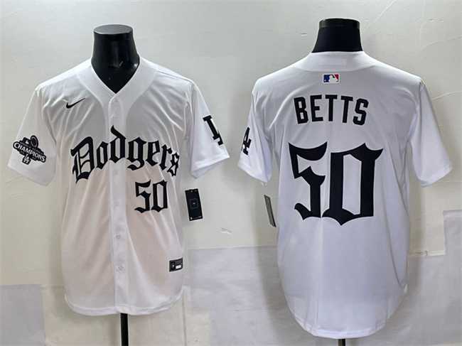 Men%27s Los Angeles Dodgers #50 Mookie Betts White 2025 LA Gothic Style With 2024 World Series Champions Patch Vapor Premier Limited Stitched Jersey