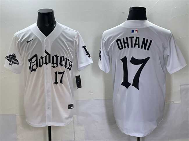 Men%27s Los Angeles Dodgers #17 Shohei Ohtani White 2025 LA Gothic Style With 2024 World Series Champions Patch Vapor Premier Limited Stitched Jersey