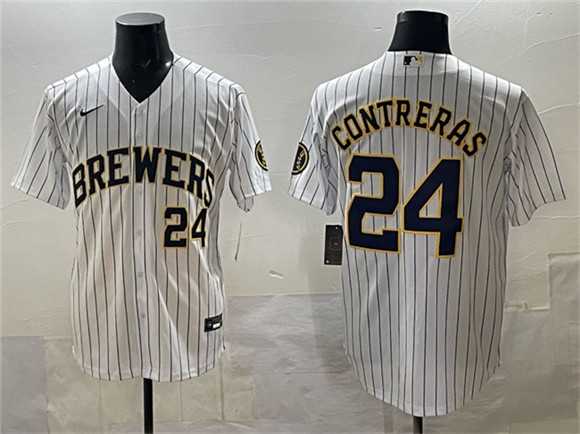 Men%27s Milwaukee Brewers #24 William Contreras White Pinstripe 2025 With Patch Stitched Stitched Jersey