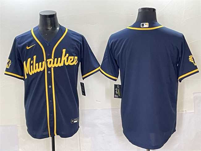 Men%27s Milwaukee Brewers Blank Navy 2025 With Patch Stitched Jersey