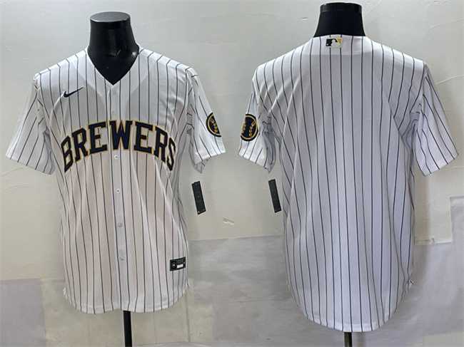 Men%27s Milwaukee Brewers Blank White Pinstripe 2025 With Patch Stitched Jersey