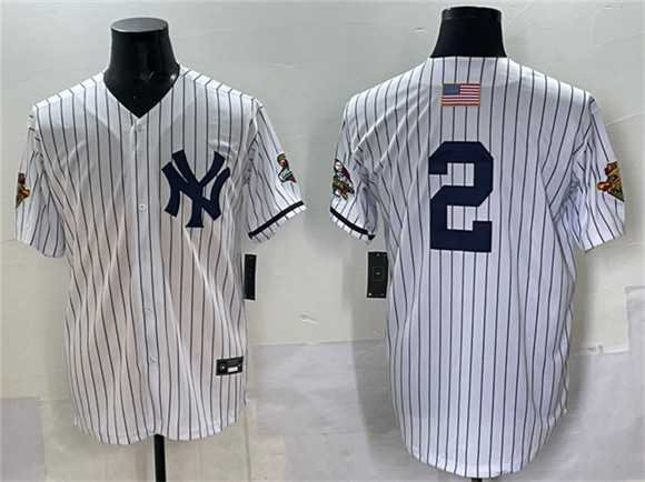 Men%27s New York Yankees #2 Derek Jeter White Strip World Series Limited Stitched Jersey