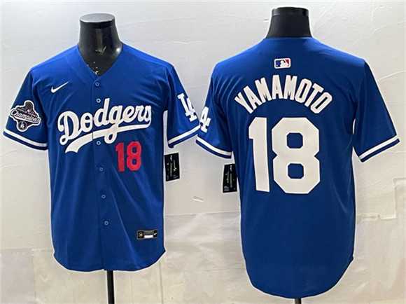 Men%27s Los Angeles Dodgers #18 Yoshinobu Yamamoto Royal 2025 World Series Champions Patch Limited Stitched Jersey