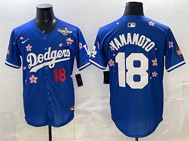 Men%27s Los Angeles Dodgers #18 Yoshinobu Yamamoto Royal 2025 World Series Patch Tokyo Series Limited Stitched Jersey
