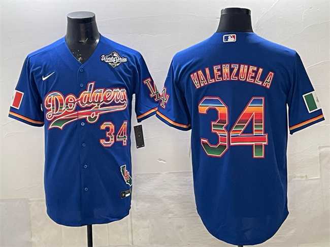 Men%27s Los Angeles Dodgers #34 Fernando Valenzuela Royal Mexico California Patch 2025 World Series Patch Stitched Jersey