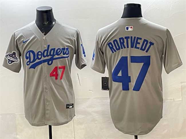 Men%27s Los Angeles Dodgers #47 Ben Rortvedt Gray 2025 World Series Champions Patch Limited Stitched Jersey