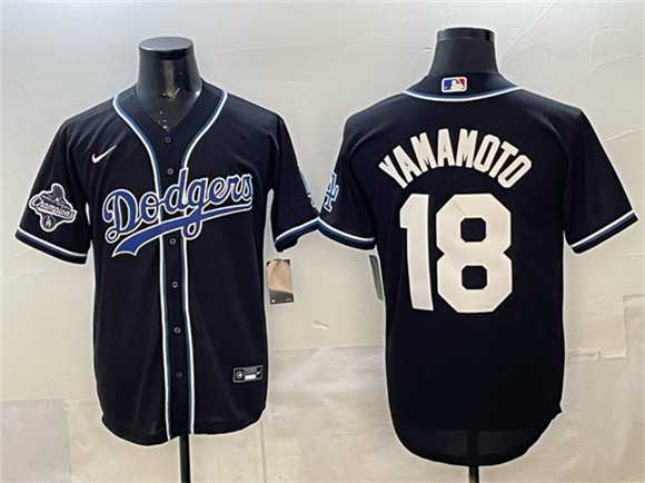 Men%27s Los Angeles Dodgers #18 Yoshinobu Yamamoto Black 2025 World Series Champions Patch Cool Base Stitched Jersey