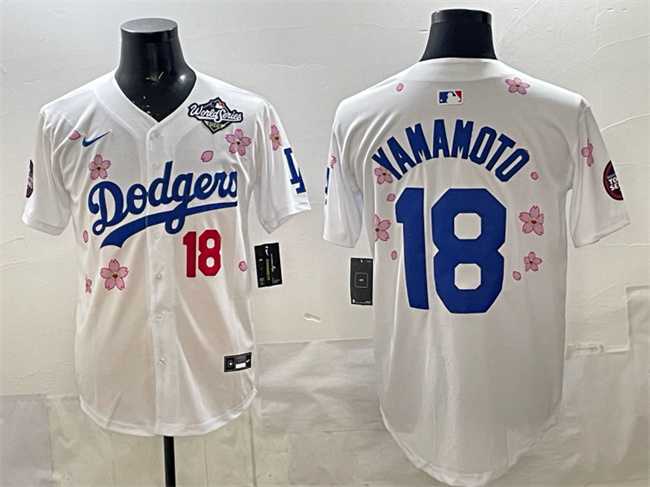 Men%27s Los Angeles Dodgers #18 Yoshinobu Yamamoto White 2025 World Series Patch Tokyo Series Limited Stitched Jersey