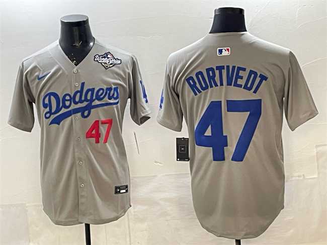 Men%27s Los Angeles Dodgers #47 Ben Rortvedt Gray 2025 World Series Patch Limited Stitched Jersey