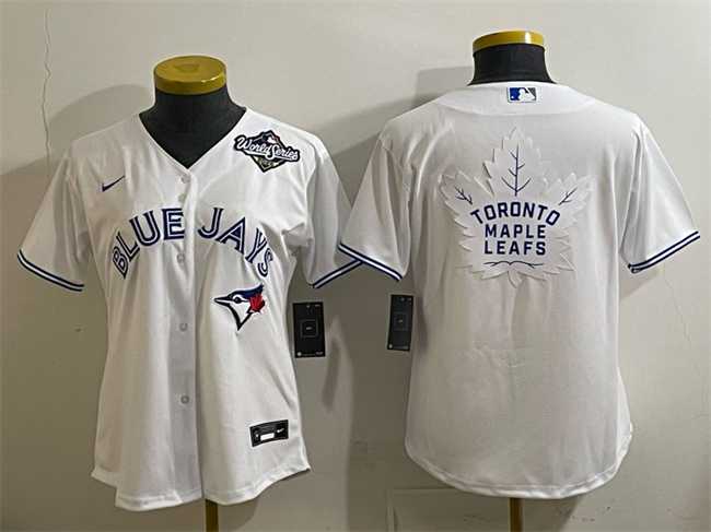 Women%27s Toronto Blue Jays & Leafs White 2025 World Series With White Leafs Logo Cool Base Stitched Jersey(Run Small)