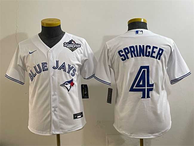 Youth Toronto Blue Jays #4 George Springer White 2025 World Series Cool Base Stitched Jersey
