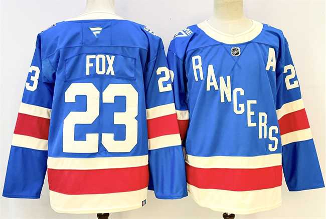 Men%27s New York Rangers #23 Adam Fox Blue With A Patch Stitched Hockey Jersey