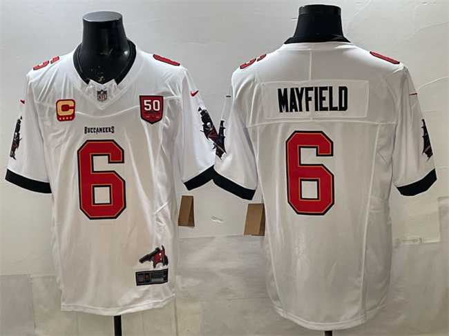 Men%27s Tampa Bay Buccaneers #6 Baker Mayfield White F.U.S.E. 50th Season & 4-Star C Patch Vapor Limited Stitched Jersey