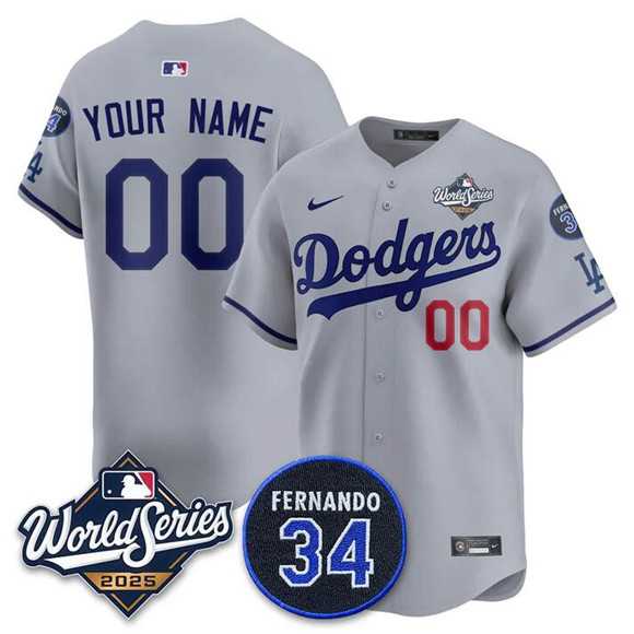 Men%27s Los Angeles Dodgers ACTIVE PLAYER Custom Gray 2025 World Series With No. 34 Patch Limited Stitched Jersey