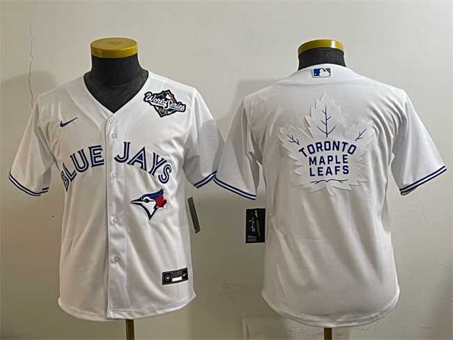 Youth Toronto Blue Jays & Leafs White 2025 World Series With White Leafs Logo Cool Base Stitched Baseball Jersey