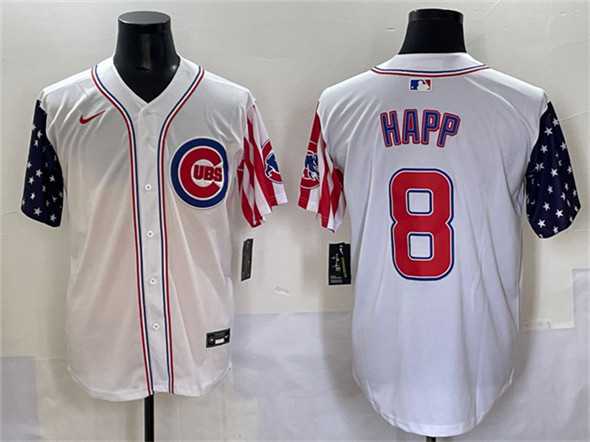 Men%27s Chicago Cubs #8 Ian Happ White 2025 Independence Day Vapor Premier Limited Stitched Baseball Jersey