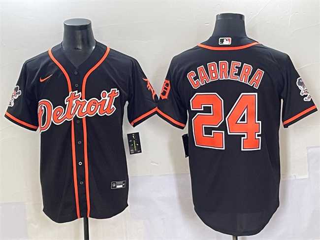 Men%27s Detroit Tigers #24 Miguel Cabrera Black With Patch Cool Base Stitched Baseball Jersey