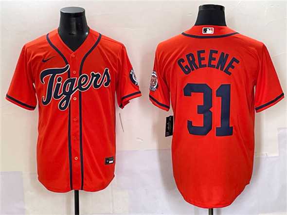 Men%27s Detroit Tigers #31 Riley Greene Orange With Patch Cool Base Stitched Baseball Jersey