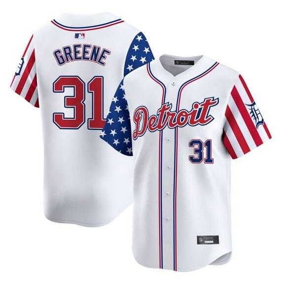 Men%27s Detroit Tigers #31 Riley Greene White 2025 Independence Day Vapor Premier Limited Stitched Baseball Jersey Dzhi
