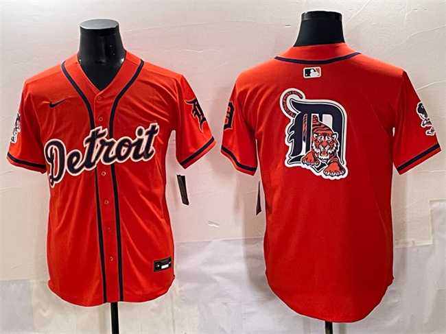 Men%27s Detroit Tigers Team Big Logo Orange With Patch Vapor Premier Limited Stitched Baseball Jersey