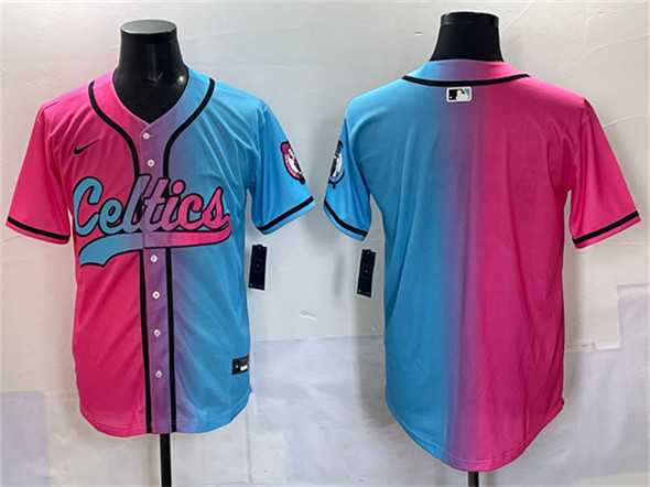 Men%27s Boston Celtics Blank Pink Blue Limited Stitched Baseball Jersey