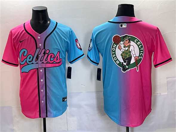 Men%27s Boston Celtics Team Big Logo Pink Blue Limited Stitched Baseball Jersey