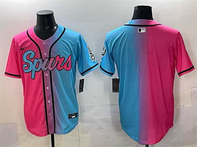 Men%27s San Antonio Spurs Blank Pink Blue Limited Stitched Baseball Jersey