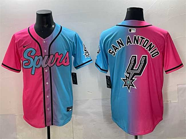 Men%27s San Antonio Spurs Team Big Logo Pink Blue Limited Stitched Baseball Jersey