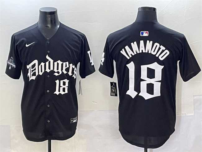 Men%27s Los Angeles Dodgers #18 Yoshinobu Yamamoto Black 2025 LA Gothic Style With 2024 World Series Champions Patch Vapor Premier Limited Stitched Baseball Jersey