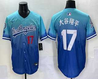 Men%27s Los Angeles Dodgers #17 Shohei Ohtani Japanese Blue 2025 City Connect Limited Stitched Jersey