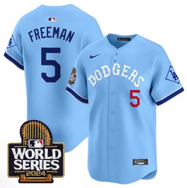 Men%27s Los Angeles Dodgers #5 Freddie Freeman Blue With 2024 World Series Patch Vapor Premier Limited Stitched Baseball Jersey Dzhi