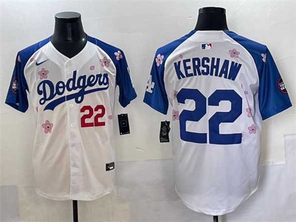 Men%27s Los Angeles Dodgers #22 Clayton Kershaw White Royal 2025 Tokyo Series Limited Stitched Baseball Jersey