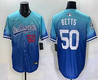 Men%27s Los Angeles Dodgers #50 Mookie Betts Blue 2025 City Connect Limited Stitched Jersey