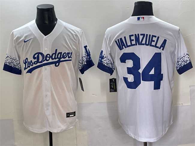 Men%27s Los Angeles Dodgers #34 Fernando Valenzuela White City Connect Cool Base Stitched Jersey
