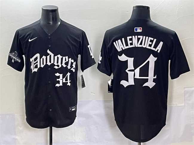 Men%27s Los Angeles Dodgers #34 Fernando Valenzuela Black 2025 LA Gothic Style With 2024 World Series Champions Patch Vapor Premier Limited Stitched Baseball Jersey
