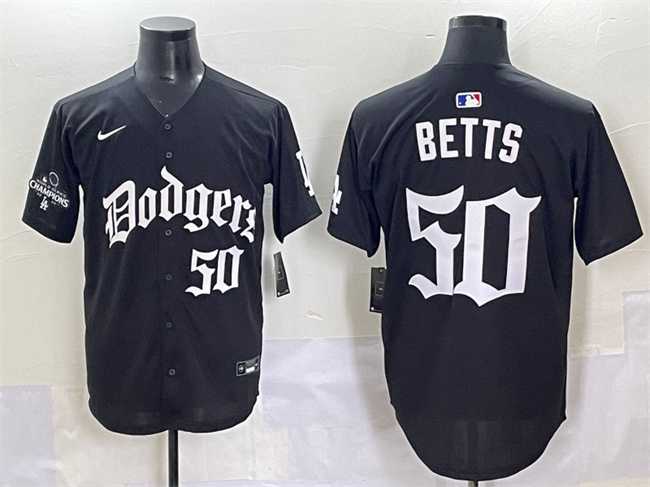 Men%27s Los Angeles Dodgers #50 Mookie Betts Black 2025 LA Gothic Style With 2024 World Series Champions Patch Vapor Premier Limited Stitched Baseball Jersey